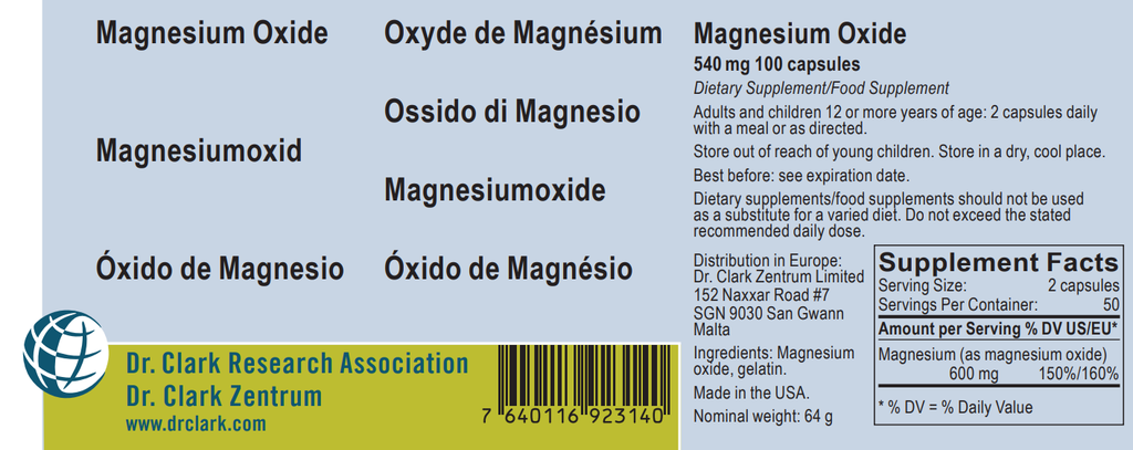 Magnesium Oxide, 540 mg (= 300 mg Magnesium) 100 capsules