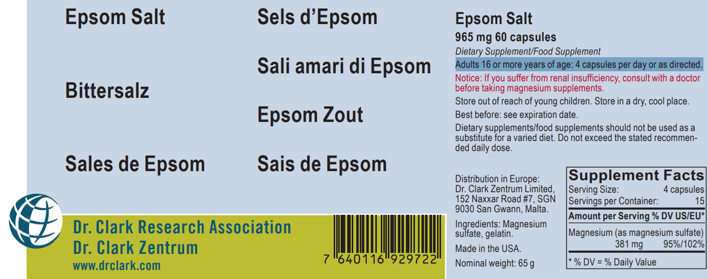 ​Epsom Salt (magnesium sulfate), 965 mg 60 capsules