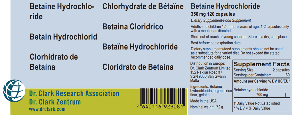 Betaine Hydrochloride, 350 mg 120 capsules